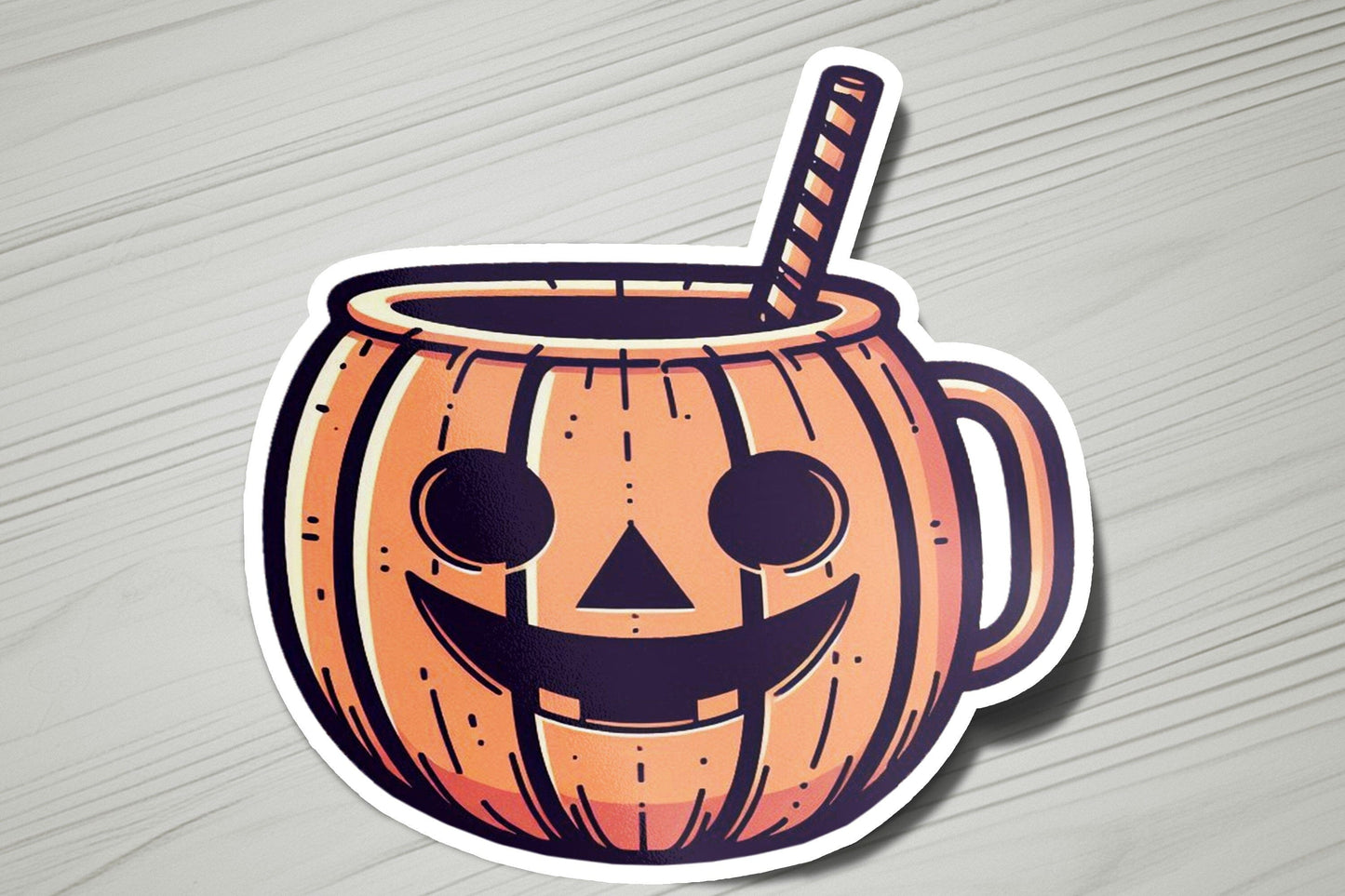a sticker of a pumpkin mug with a straw sticking out of it