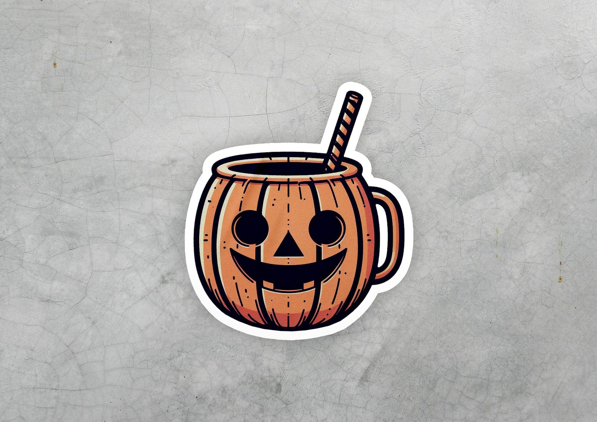a sticker of a pumpkin mug with a straw sticking out of it