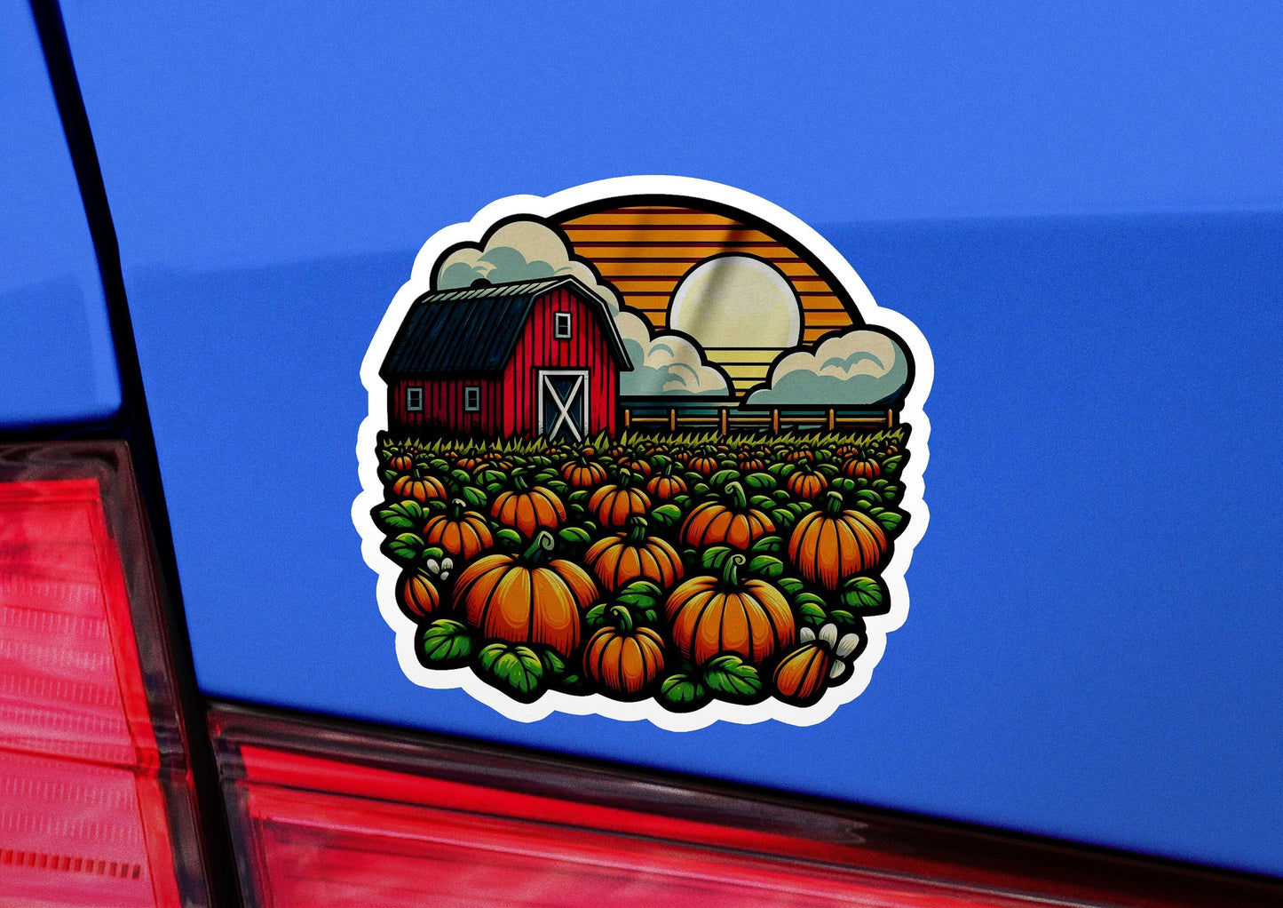 a sticker of a farm scene with pumpkins