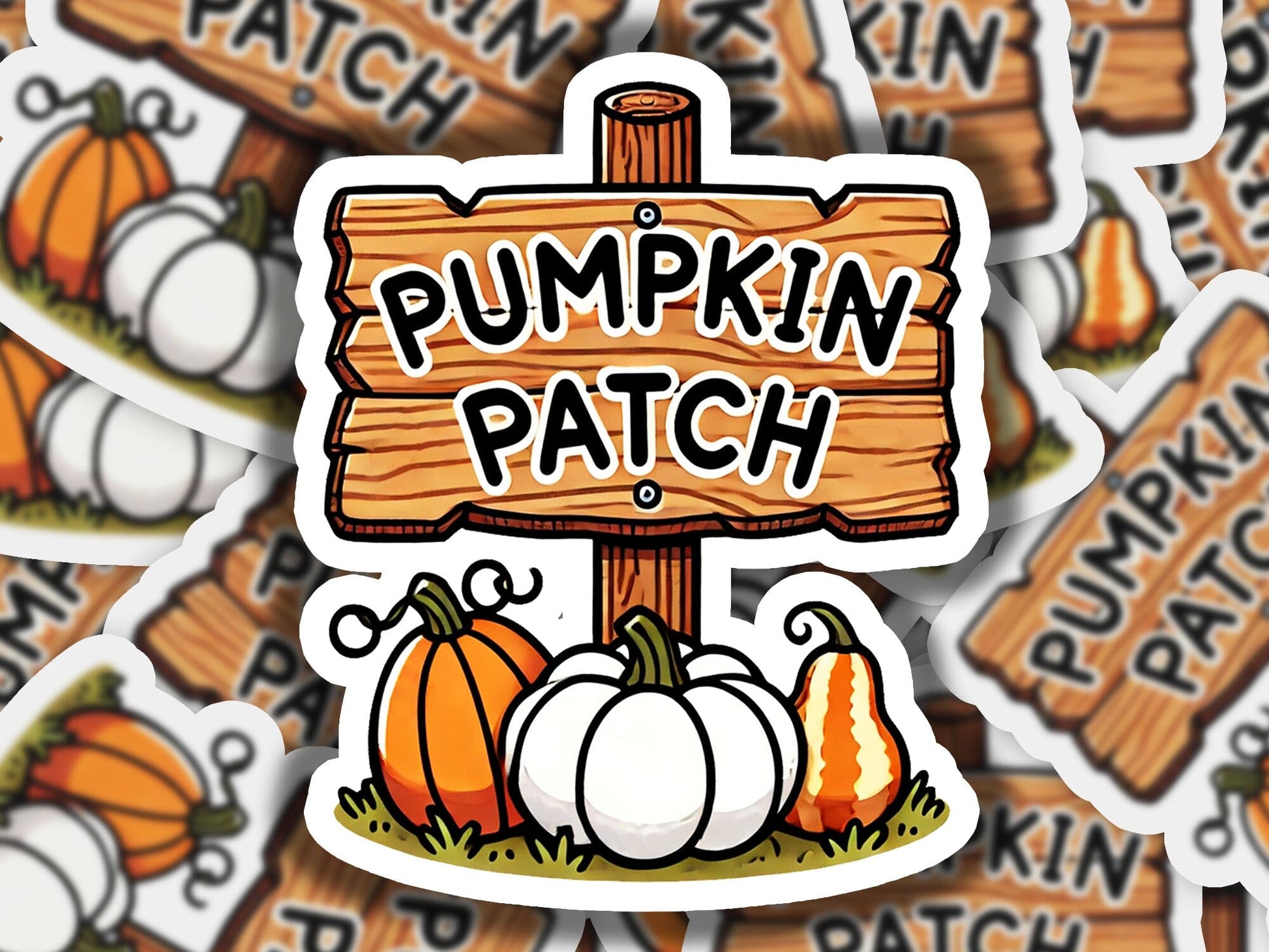 a pile of pumpkin patch stickers sitting on top of a pile of pumpkins