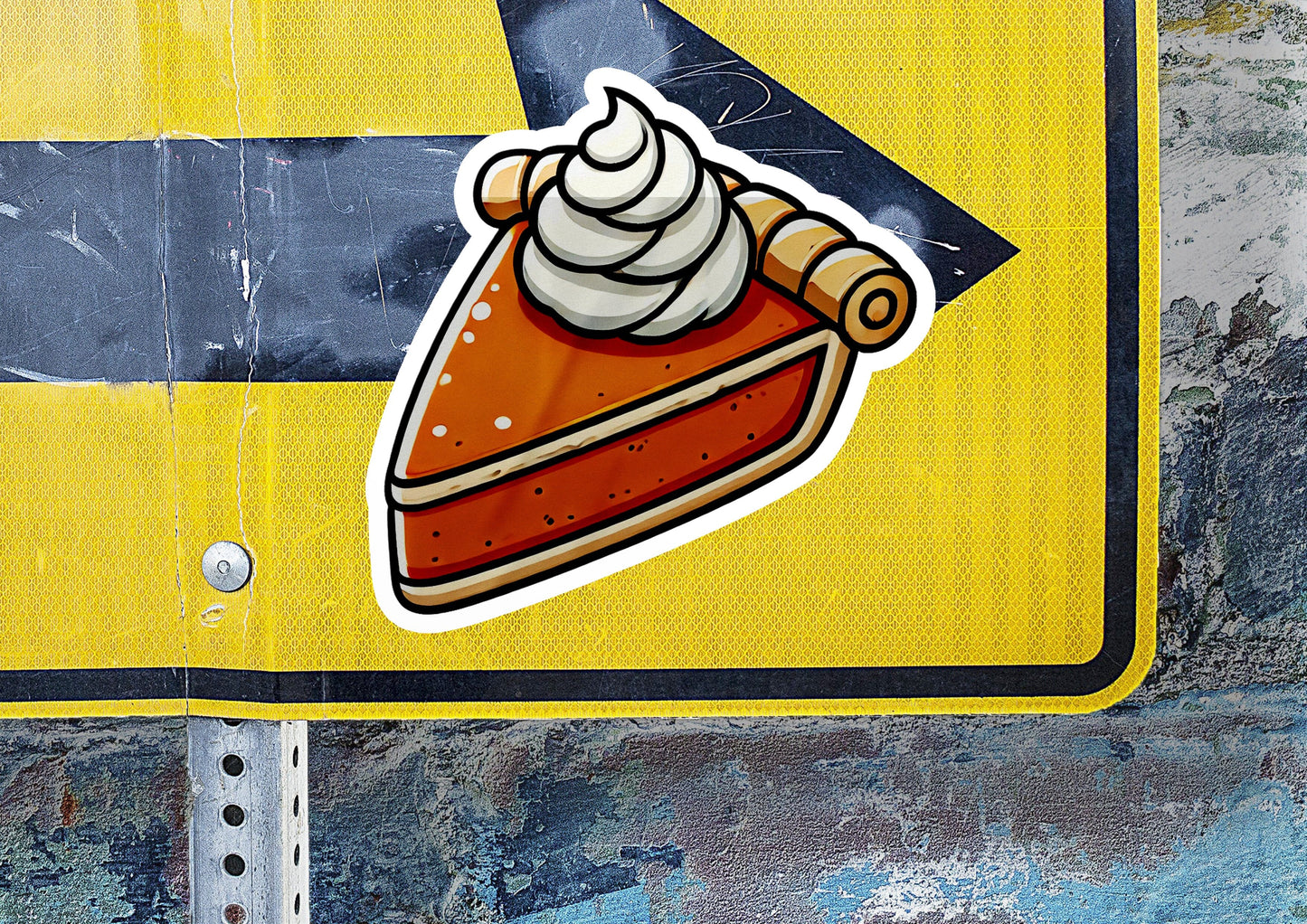 a sticker of a piece of cake on a street sign