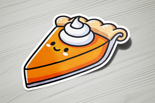 a sticker of a slice of pie on a table