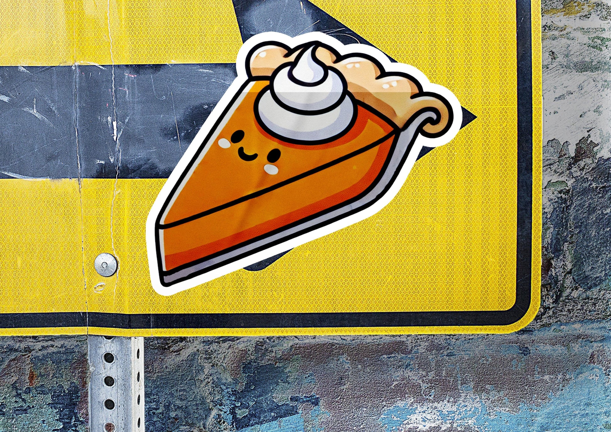 a sticker of a piece of food on a yellow sign