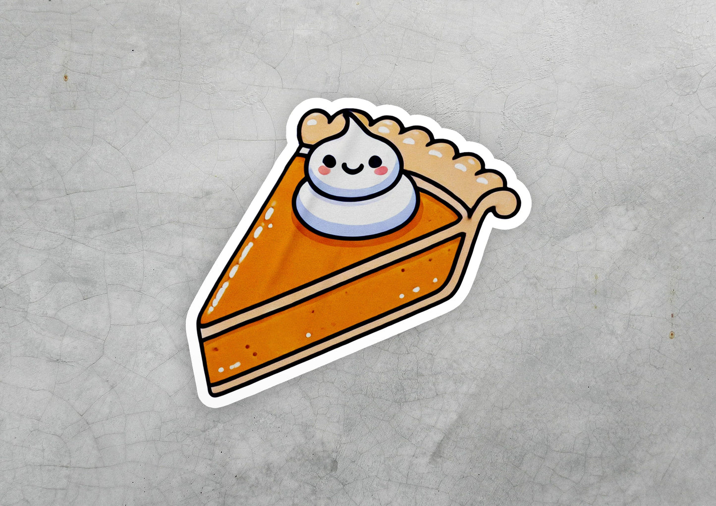 a sticker of a slice of pie with a smiling face