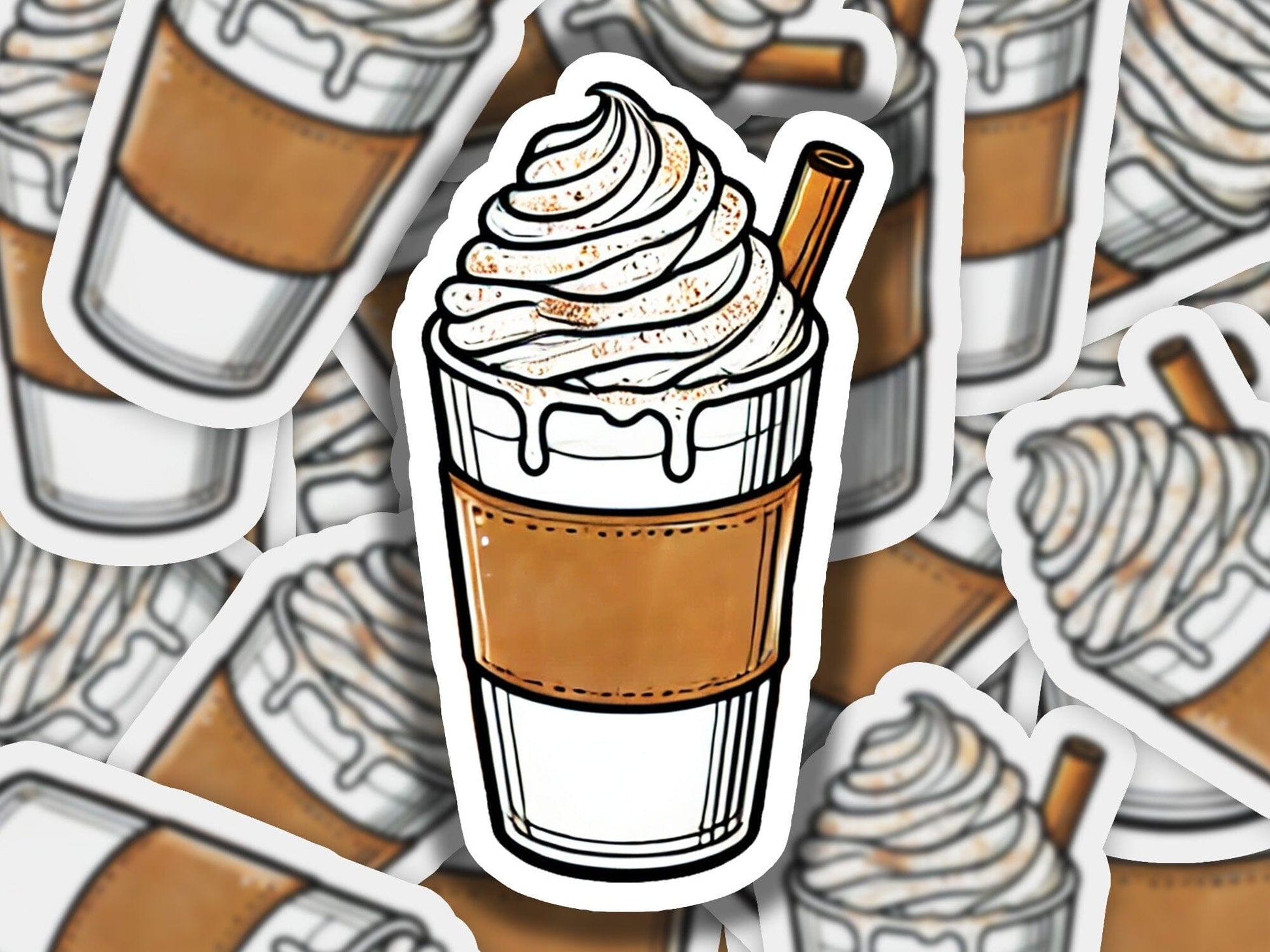 a sticker of a cup of coffee with whipped cream
