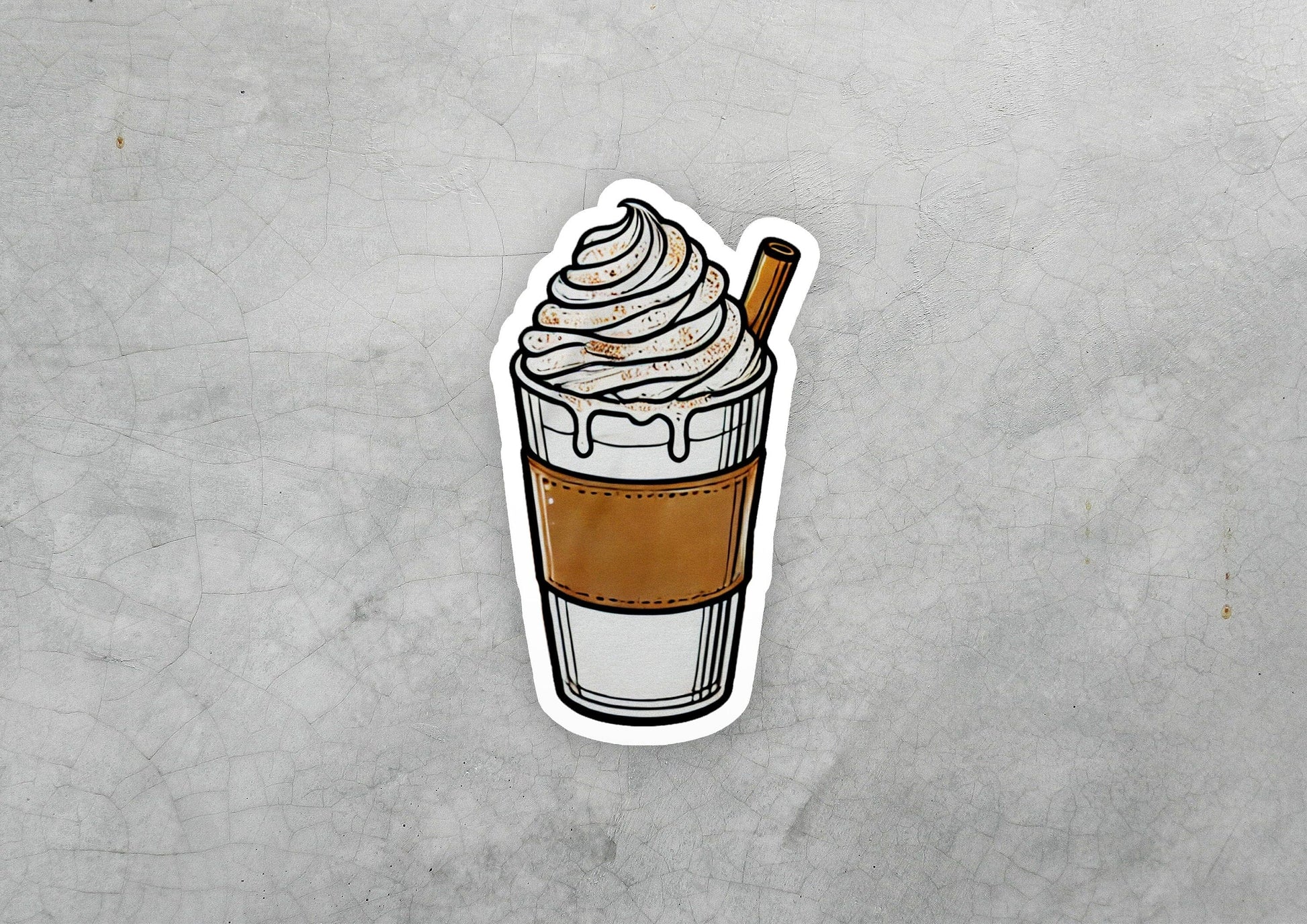 a sticker of a cup of coffee with whipped cream