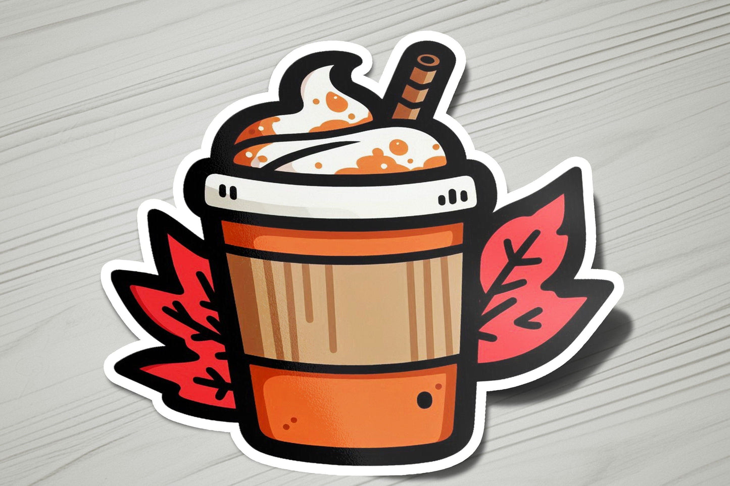 a sticker of a cup of coffee on a table