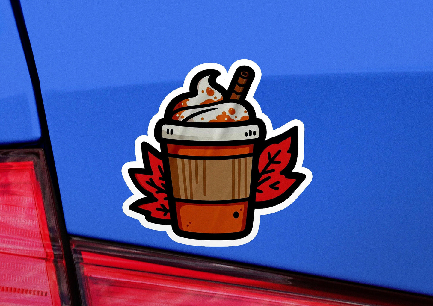 a sticker of a cup of coffee on the back of a car