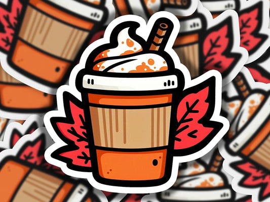 a sticker of a cup of coffee surrounded by autumn leaves