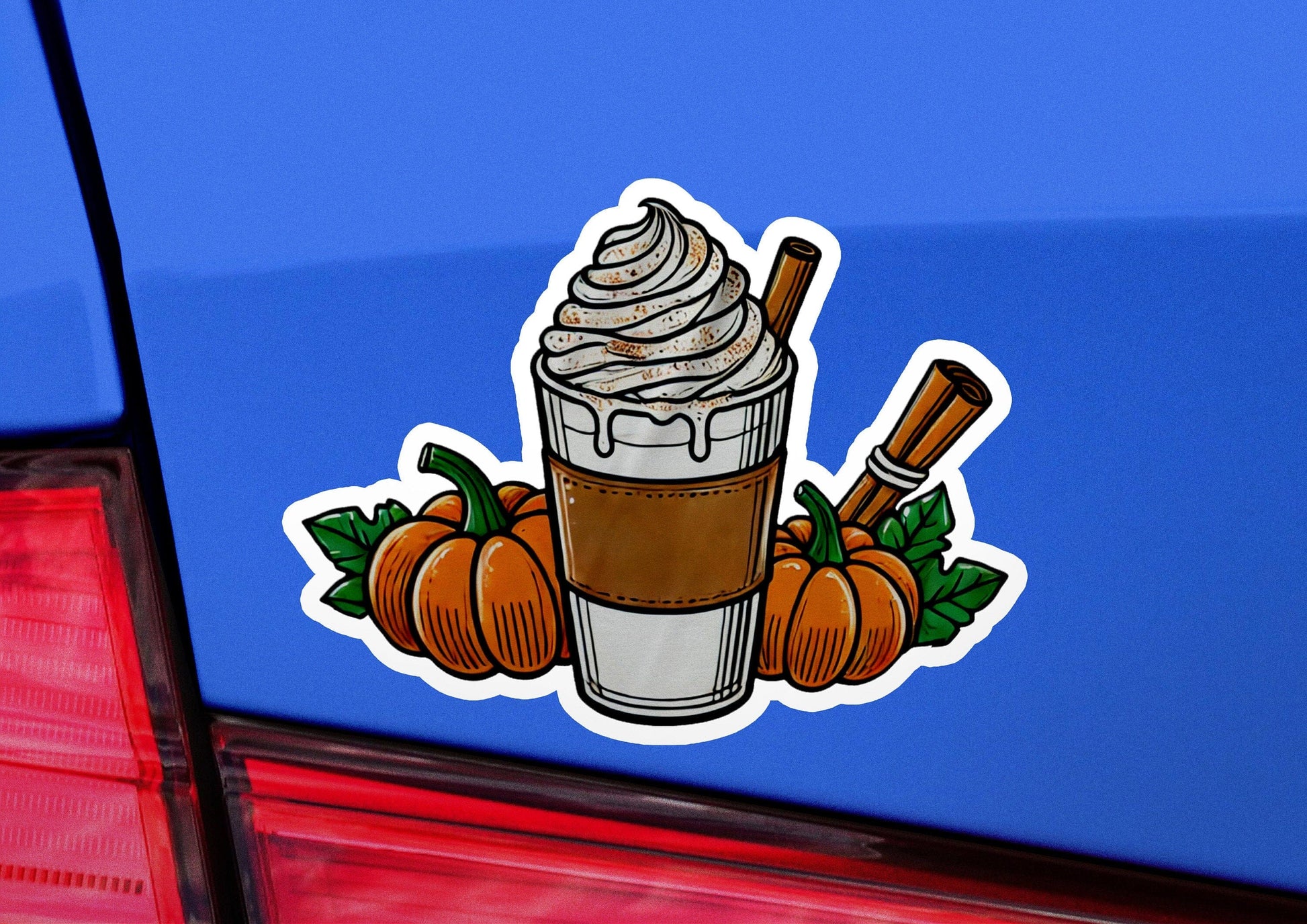 a sticker of a cup of coffee with a cinnamon sticker on it