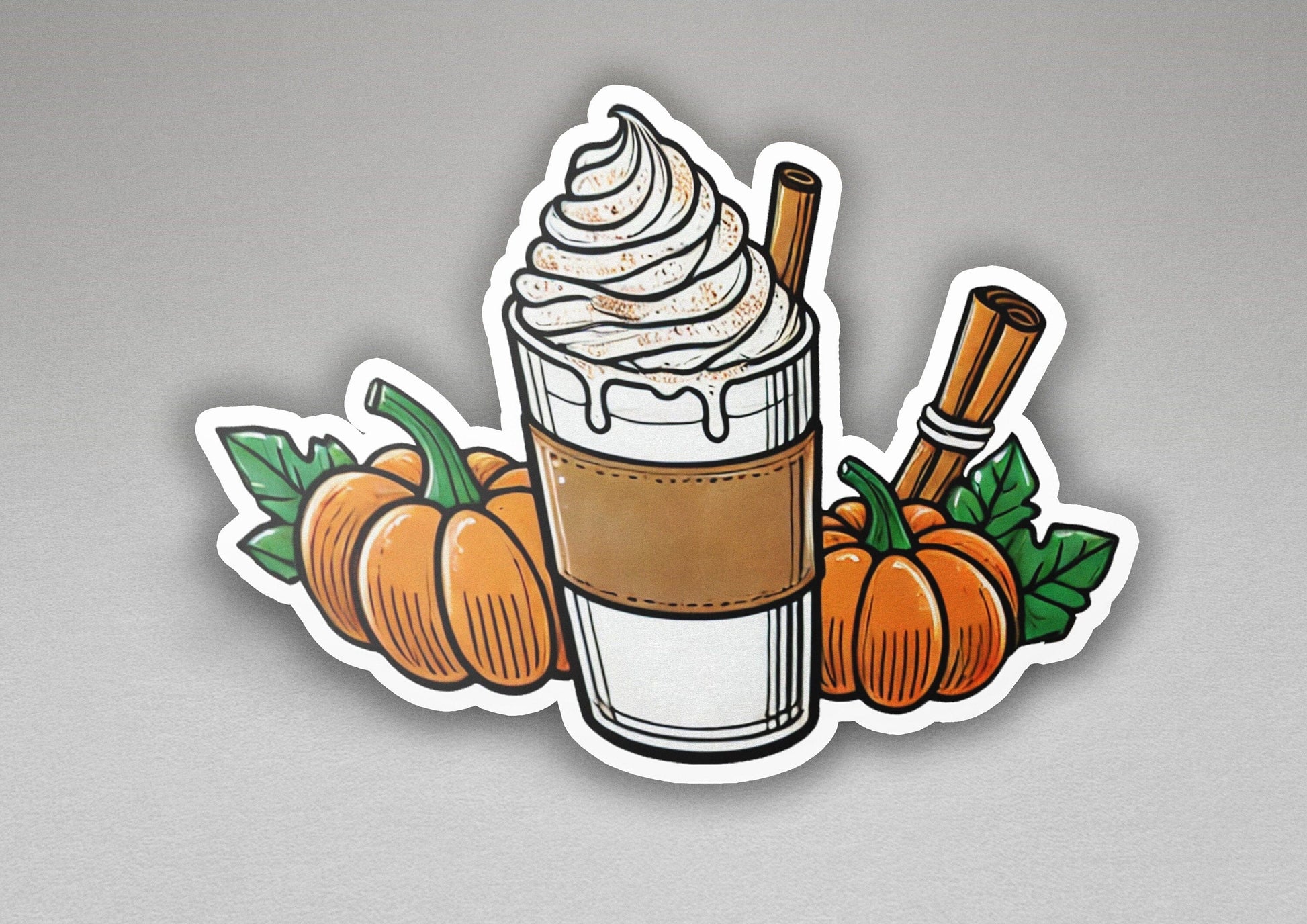 a sticker of a cup of coffee surrounded by pumpkins