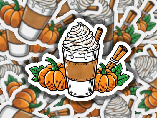 a sticker of a cup of coffee surrounded by pumpkins