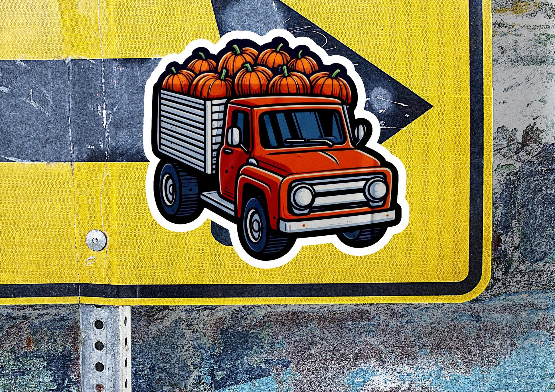 a street sign with a truck full of pumpkins