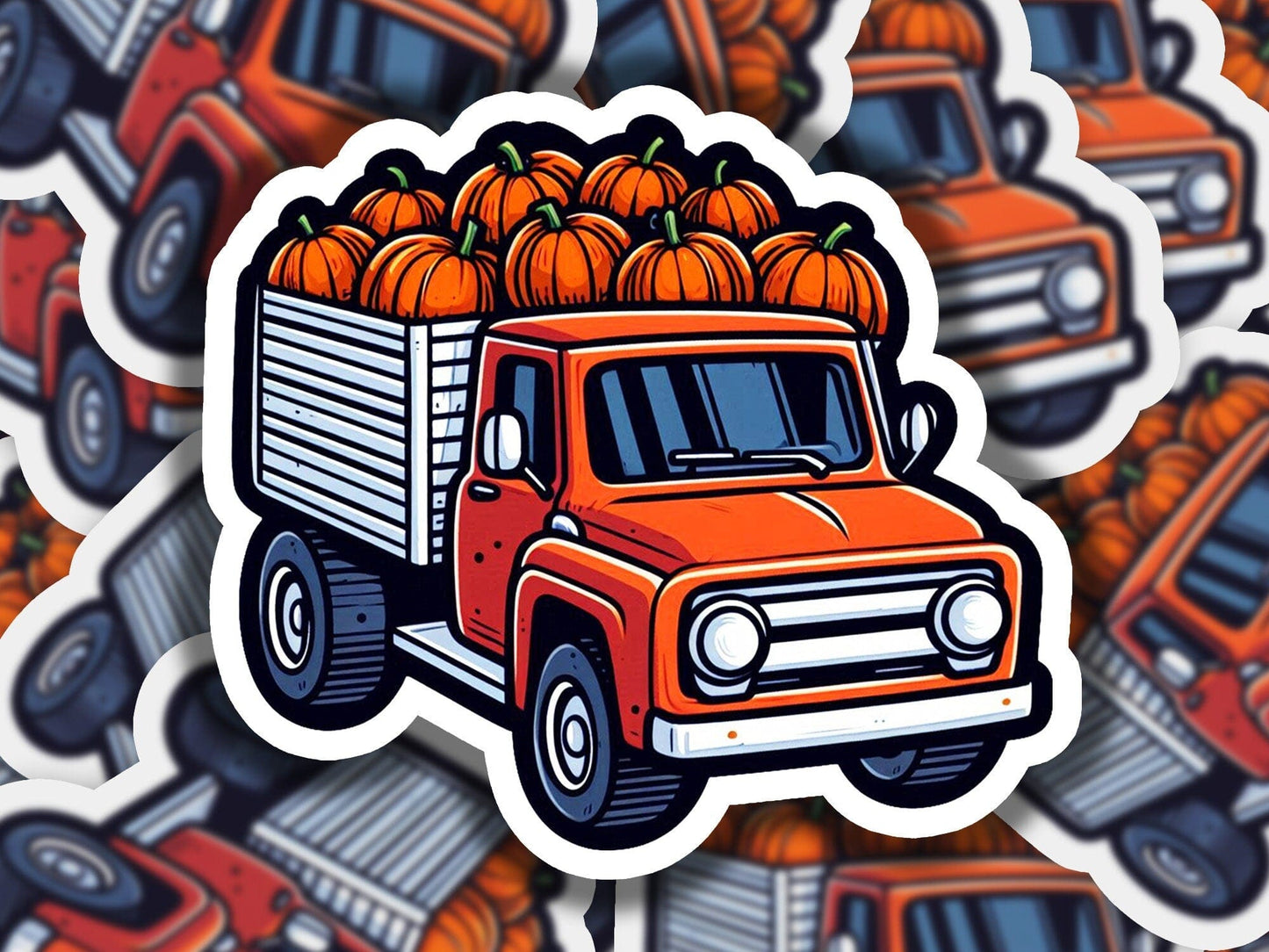 an orange truck with pumpkins on top of it