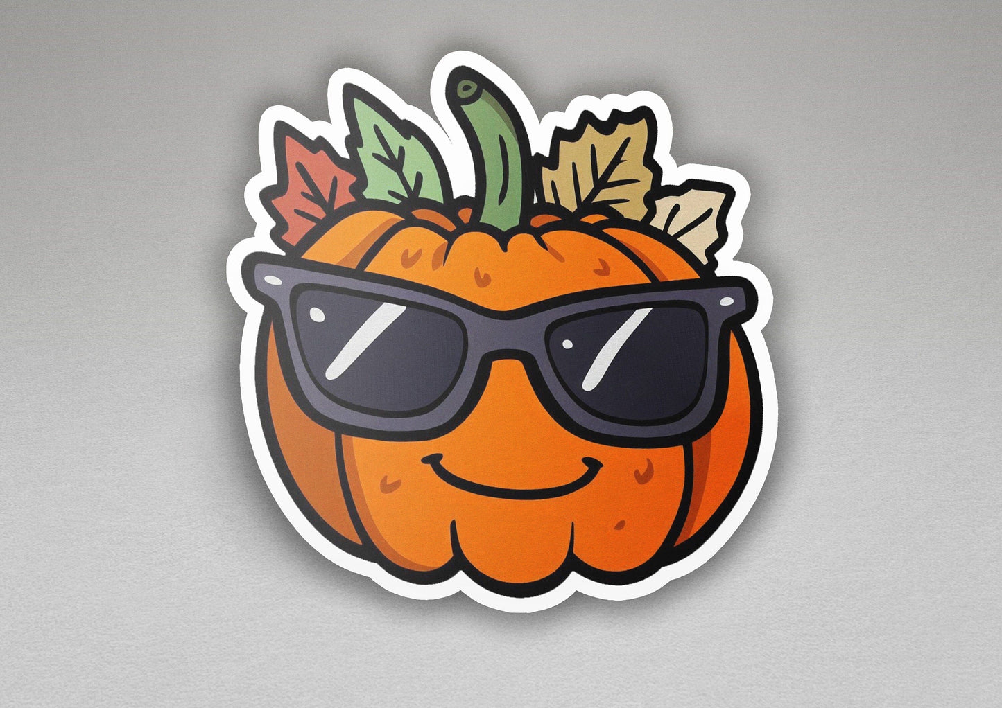 a sticker of a pumpkin wearing sunglasses