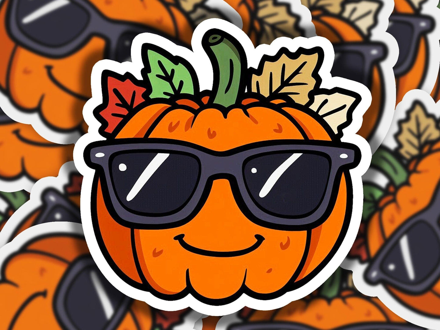a sticker of a pumpkin wearing sunglasses