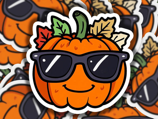 a sticker of a pumpkin wearing sunglasses