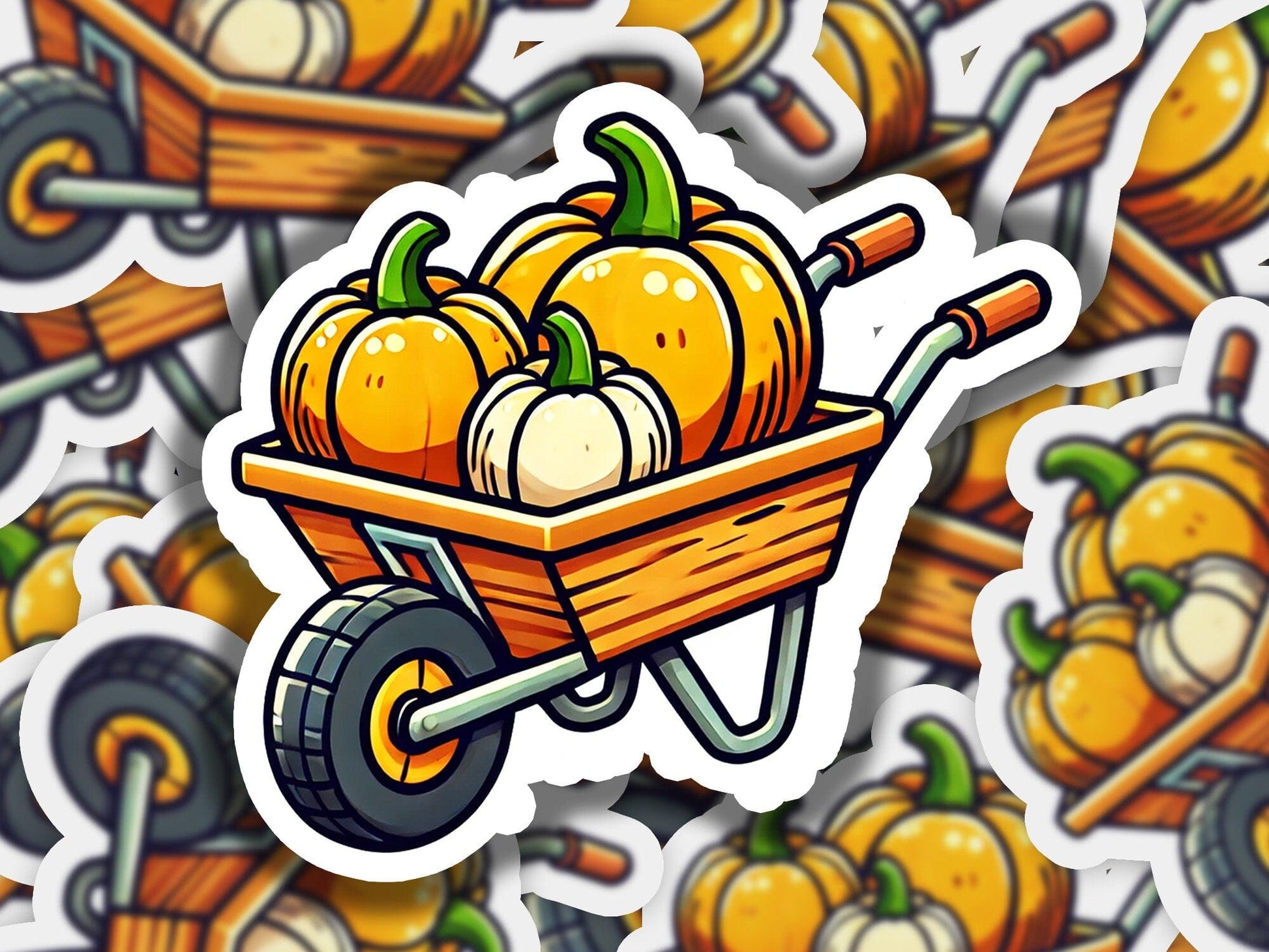 a sticker of a wheelbarrow filled with pumpkins