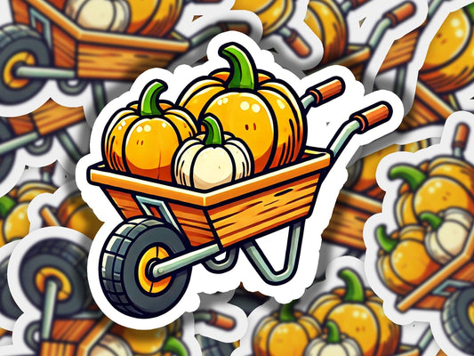 a sticker of a wheelbarrow filled with pumpkins