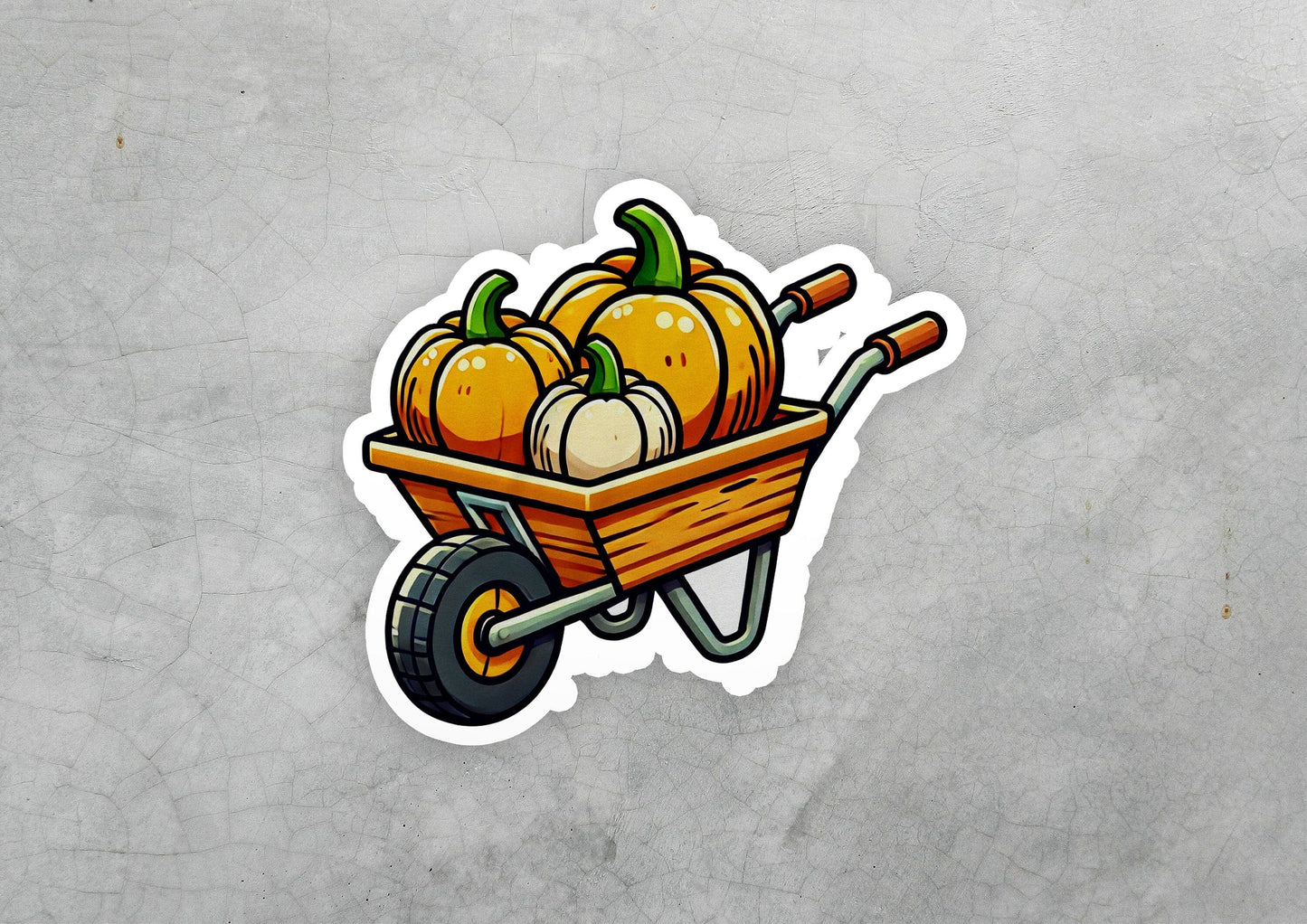 a sticker of a wheelbarrow filled with pumpkins