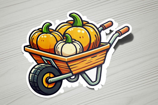 a sticker of a wheelbarrow filled with pumpkins