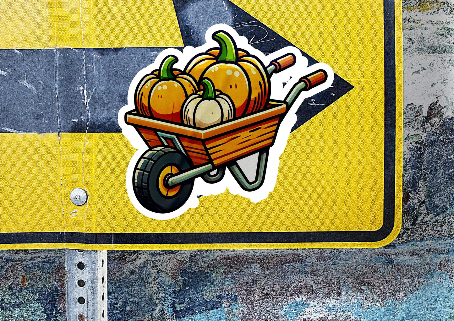 a sticker of a wheelbarrow filled with pumpkins