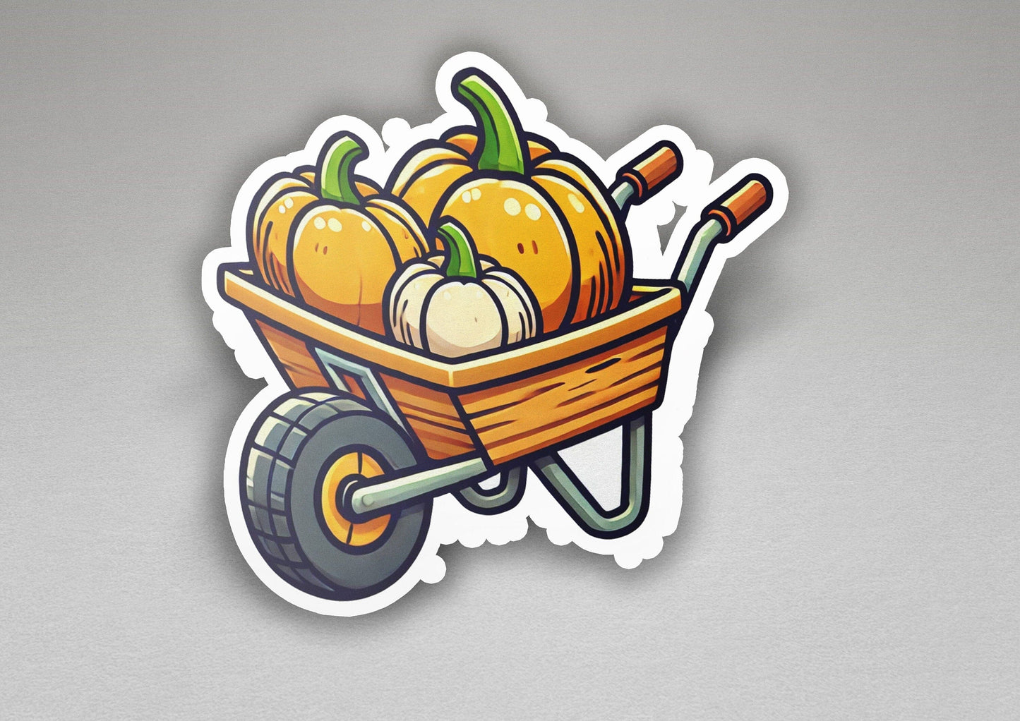 a sticker of a wheelbarrow filled with pumpkins
