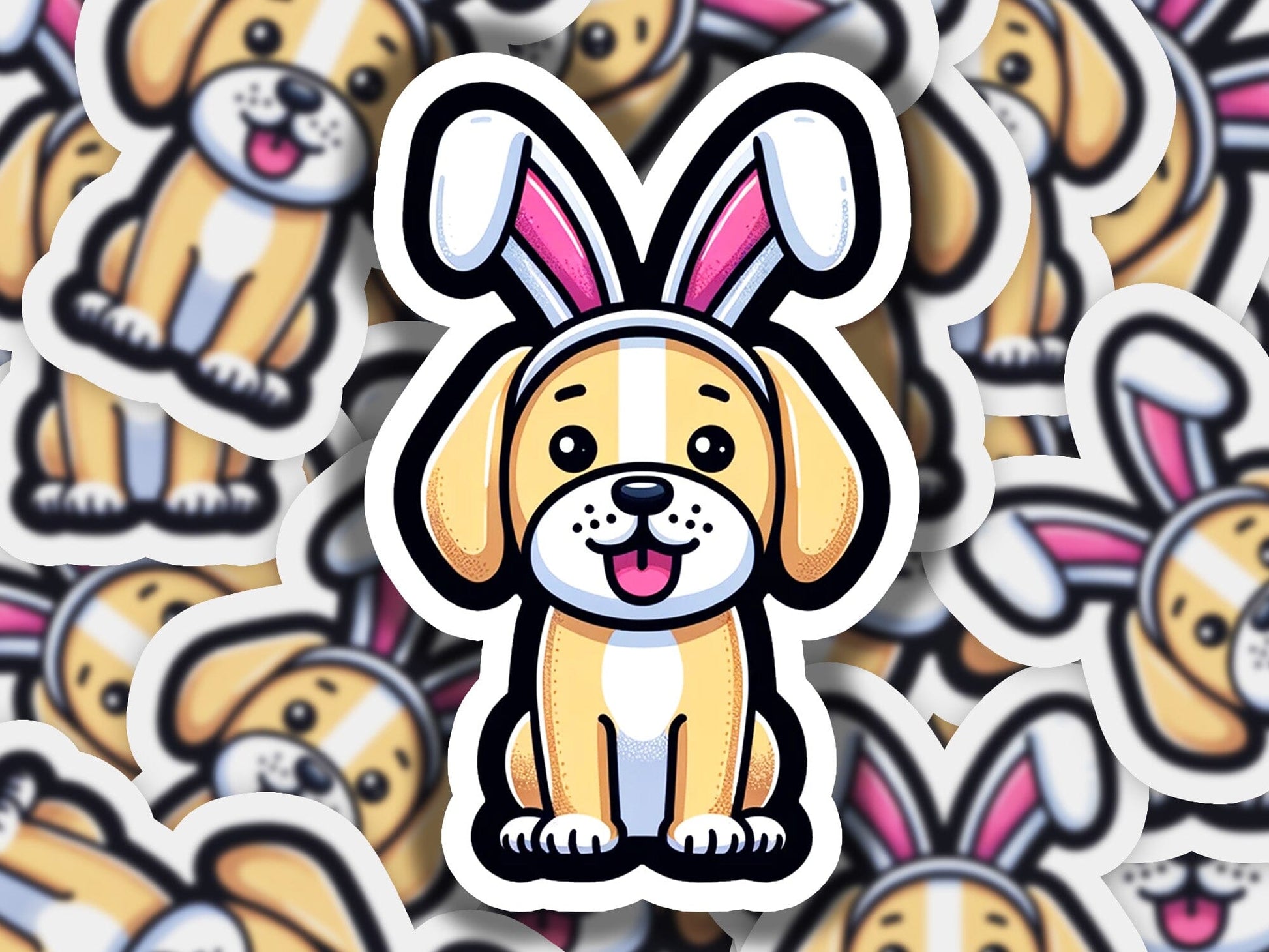 a sticker of a dog with bunny ears