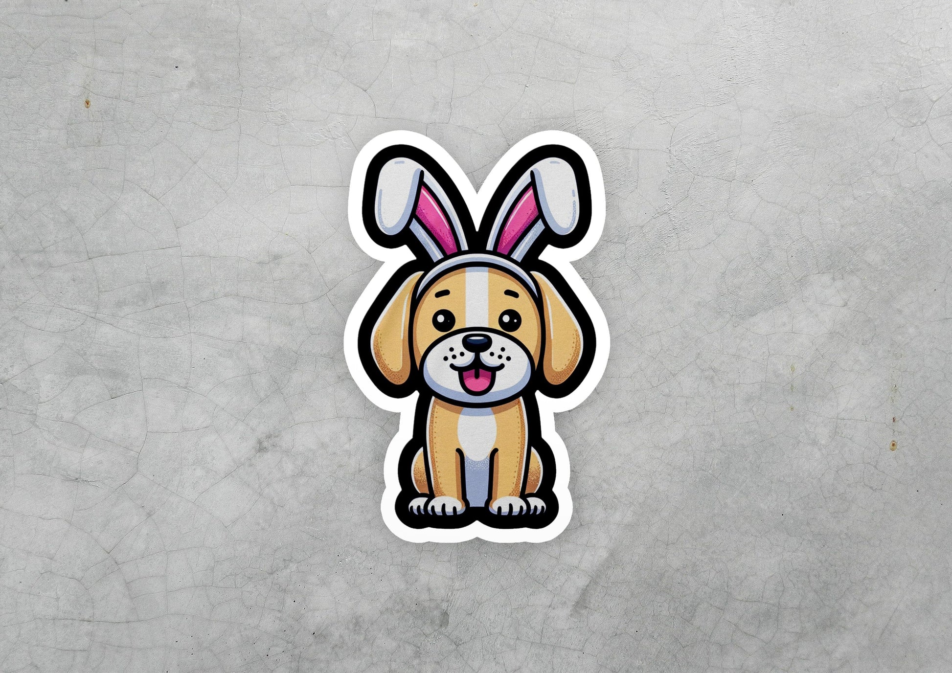 a sticker of a dog with bunny ears