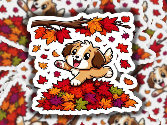 a sticker of a dog jumping over a pile of leaves