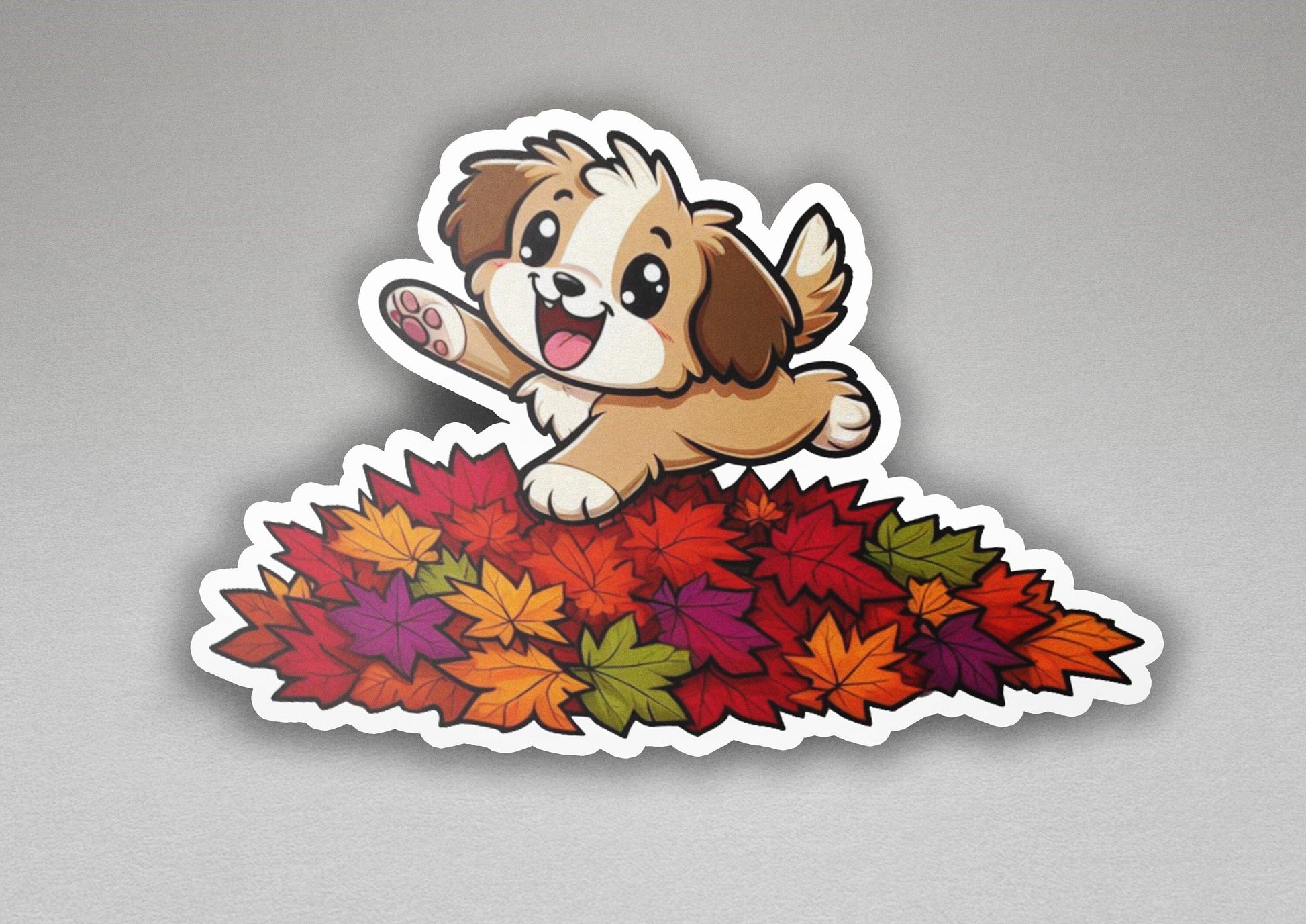 a sticker of a dog sitting on top of a pile of leaves