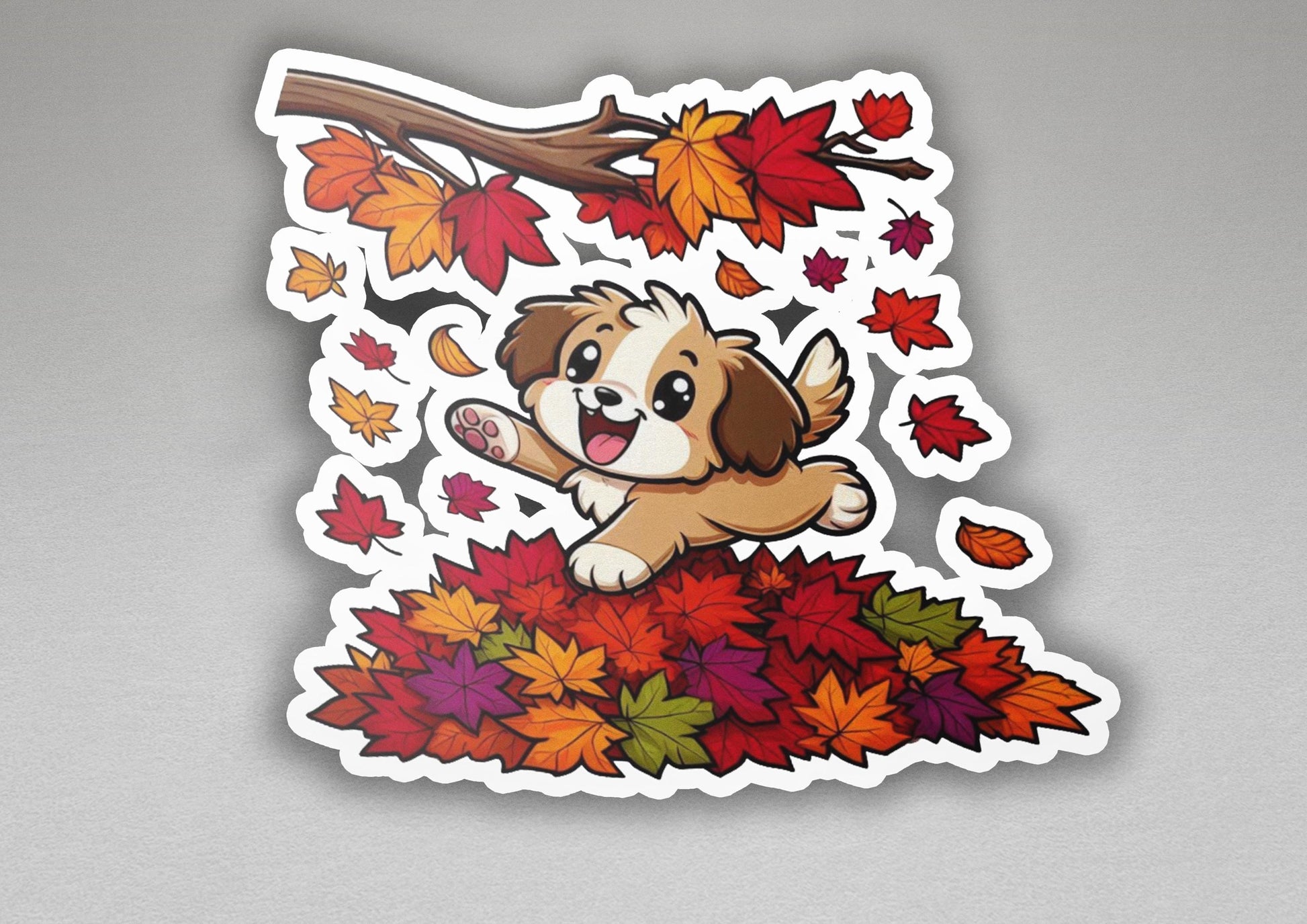 a sticker of a dog jumping over a pile of leaves