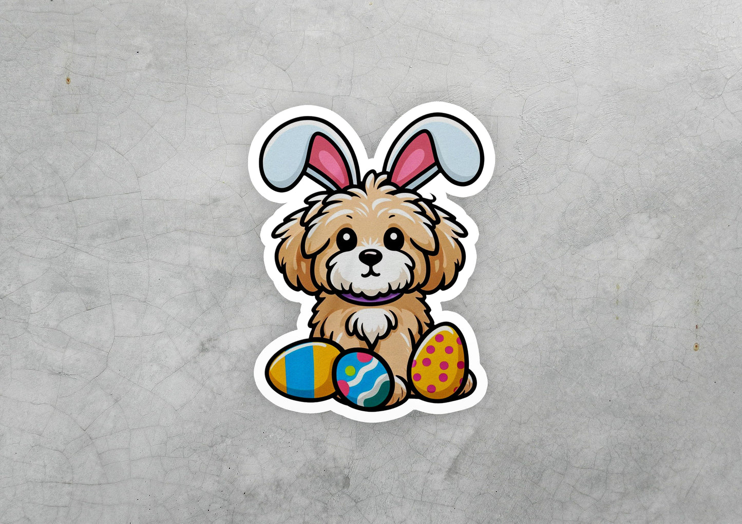 a sticker of a dog with bunny ears sitting on an easter egg