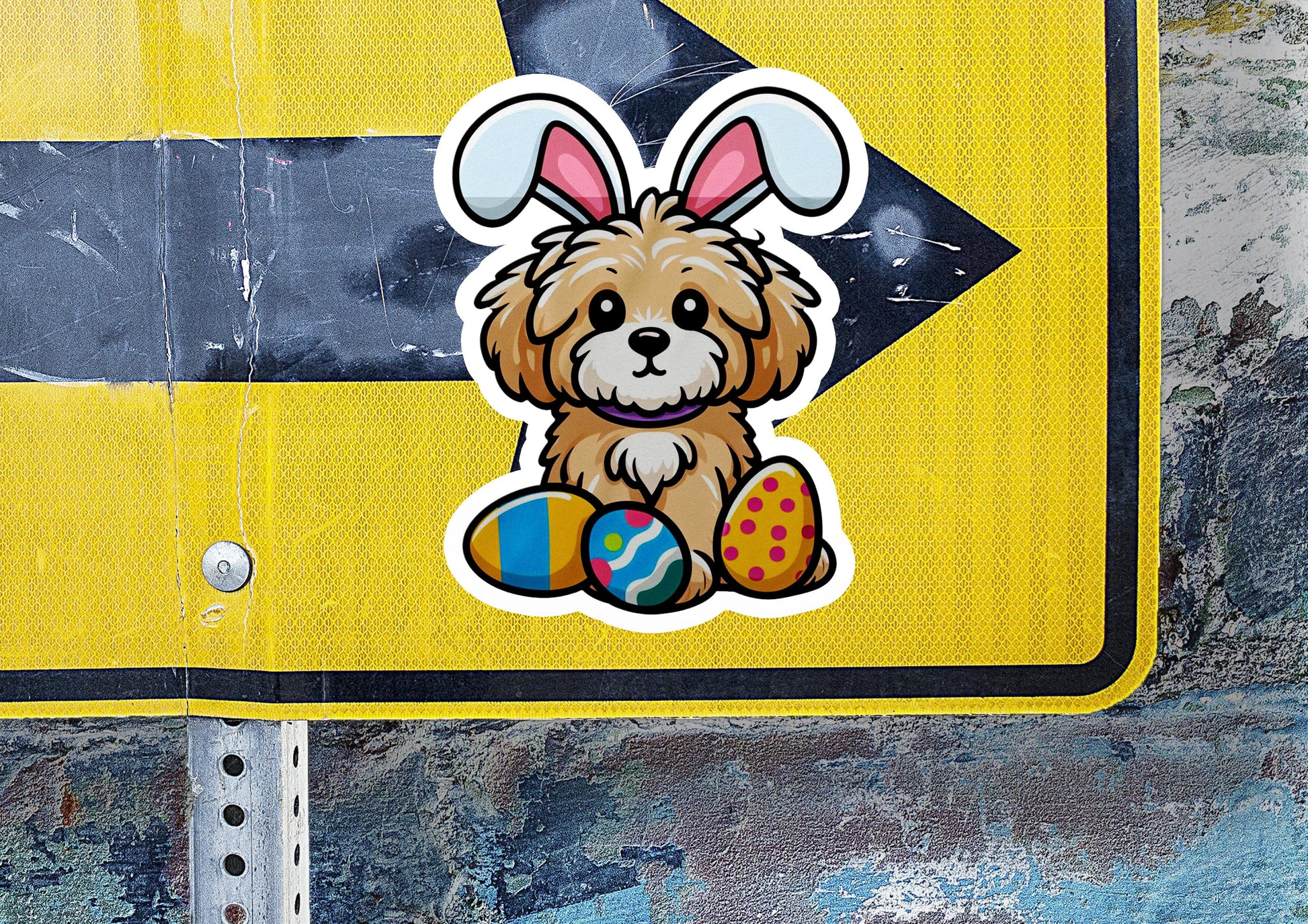 a sticker of a dog with a bunny ears sitting on an easter egg