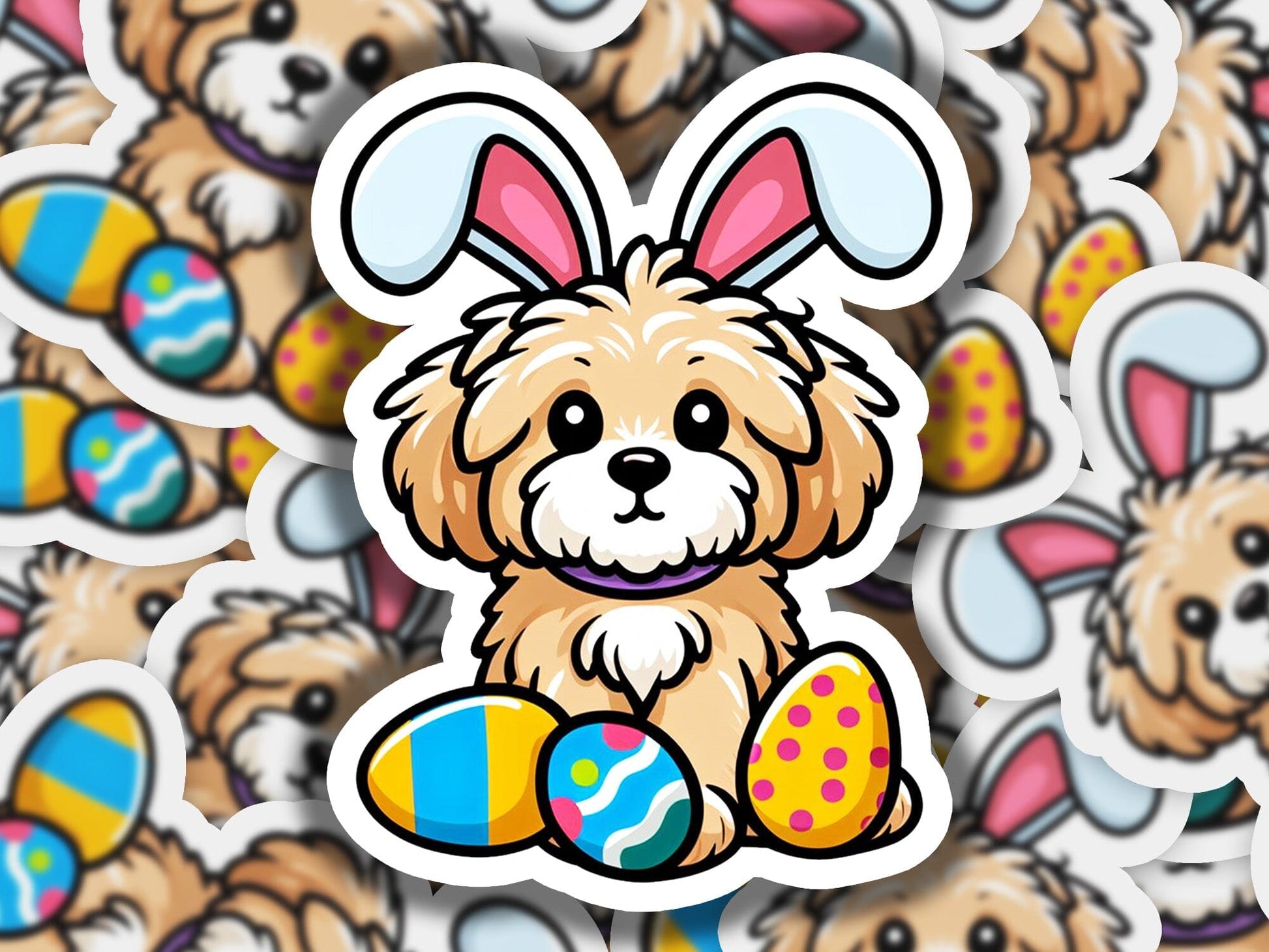 a sticker of a dog with an easter egg