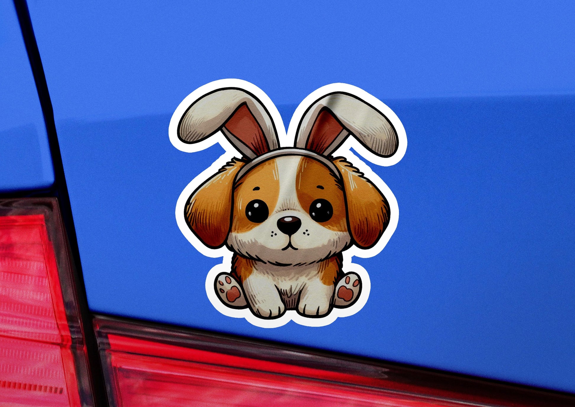 a sticker of a dog with a bunny ears sticking out of it's