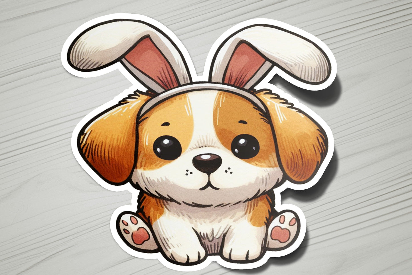 a sticker of a dog with a bunny ears