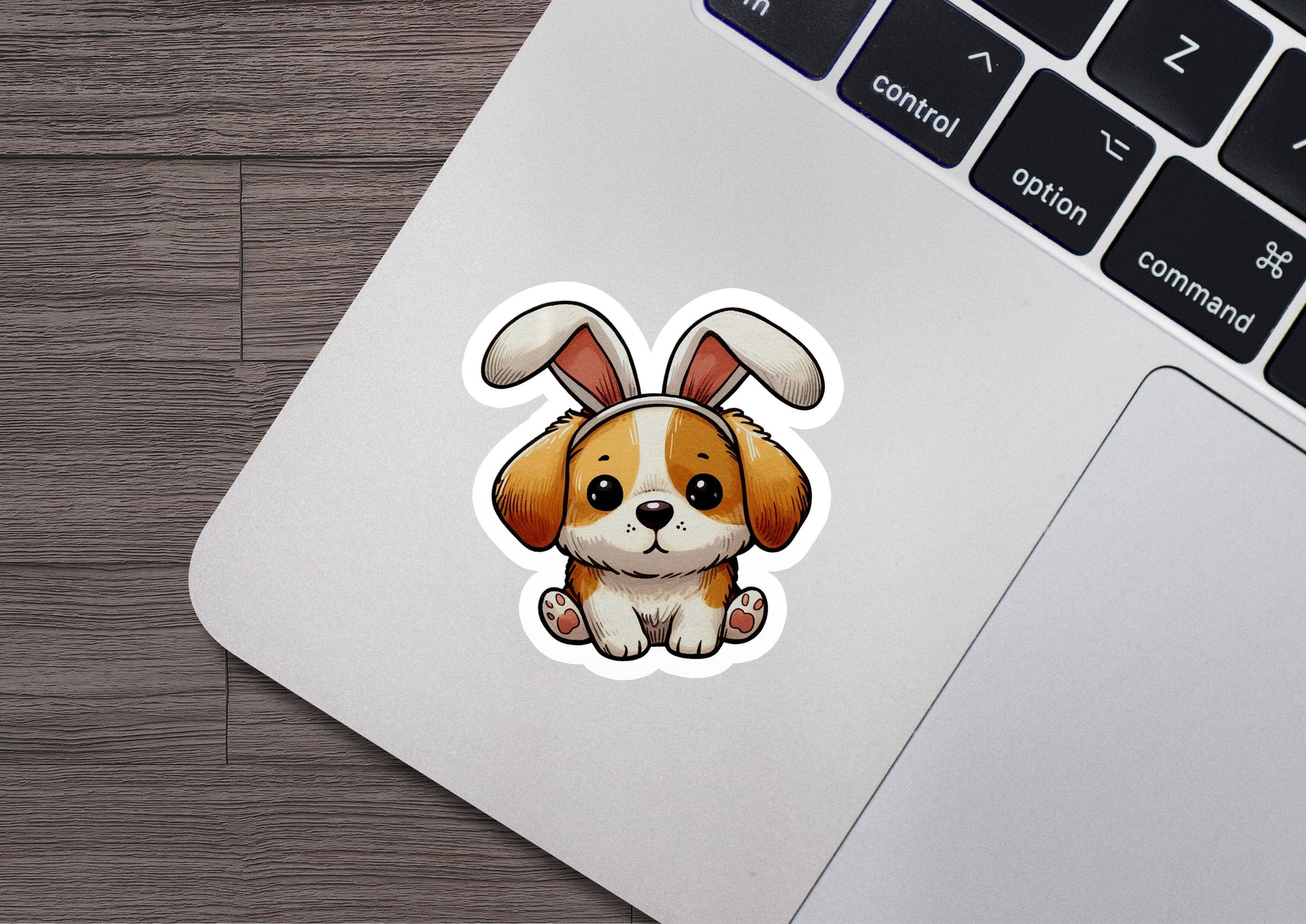 a sticker of a dog with a bunny ears on it