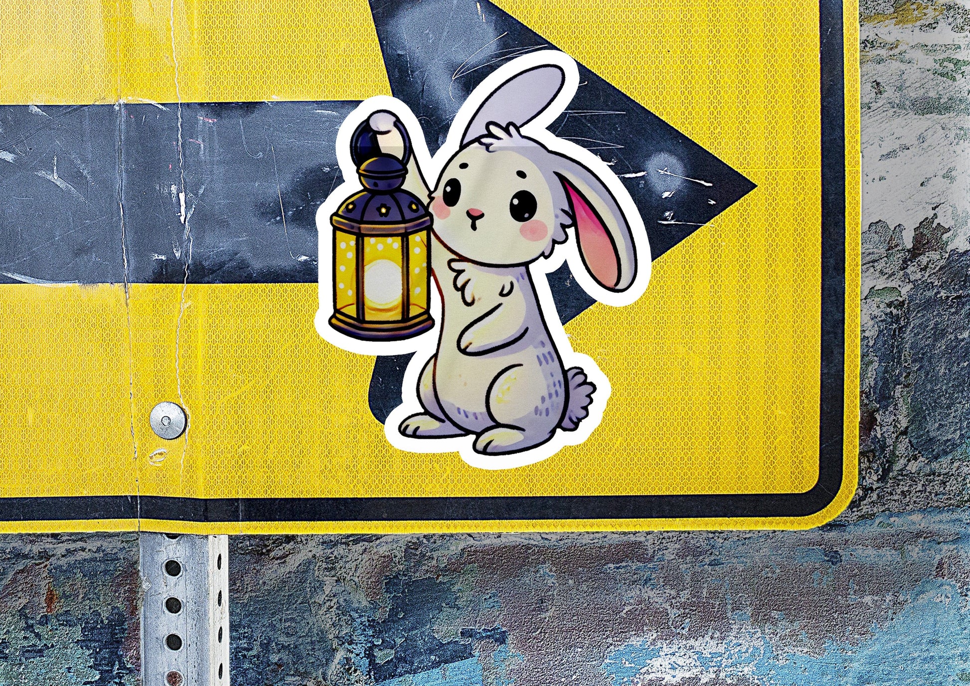 a sticker of a rabbit holding a lantern