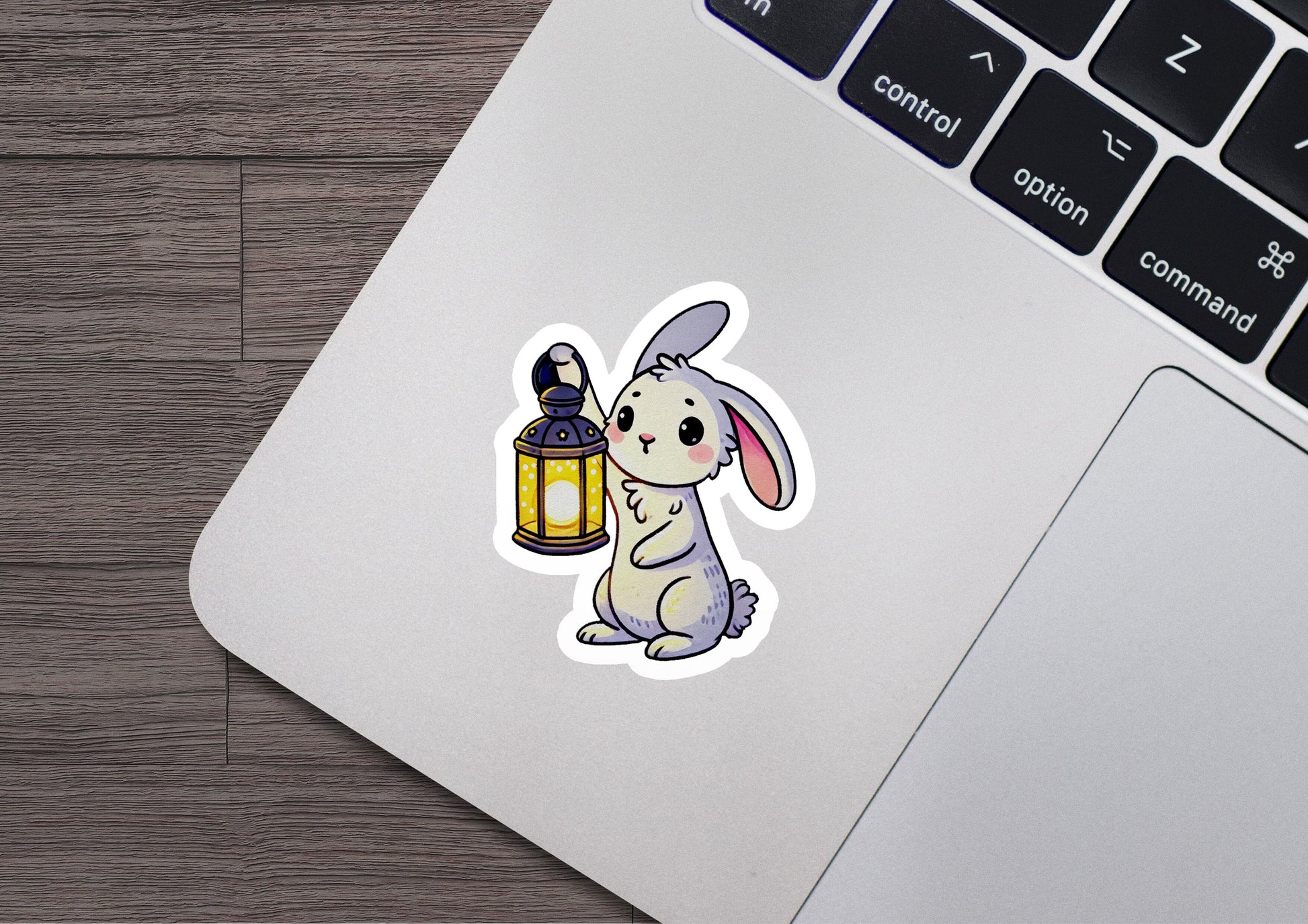 a laptop with a sticker of a rabbit holding a lantern