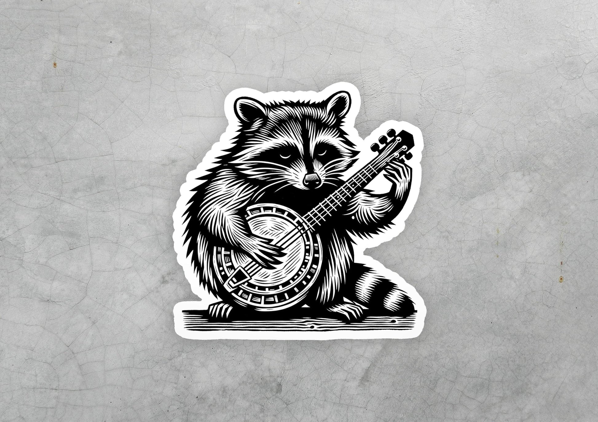 a sticker of a raccoon playing a guitar