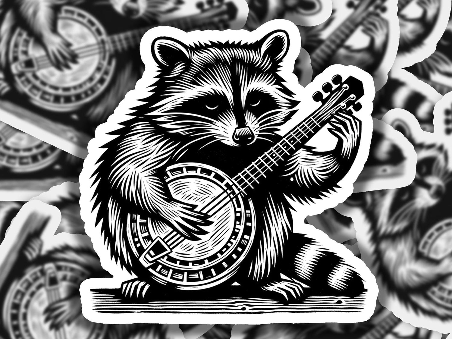 a sticker of a raccoon playing a guitar
