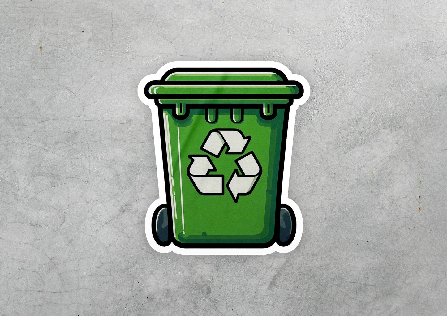a green trash can with a recycle sticker on it