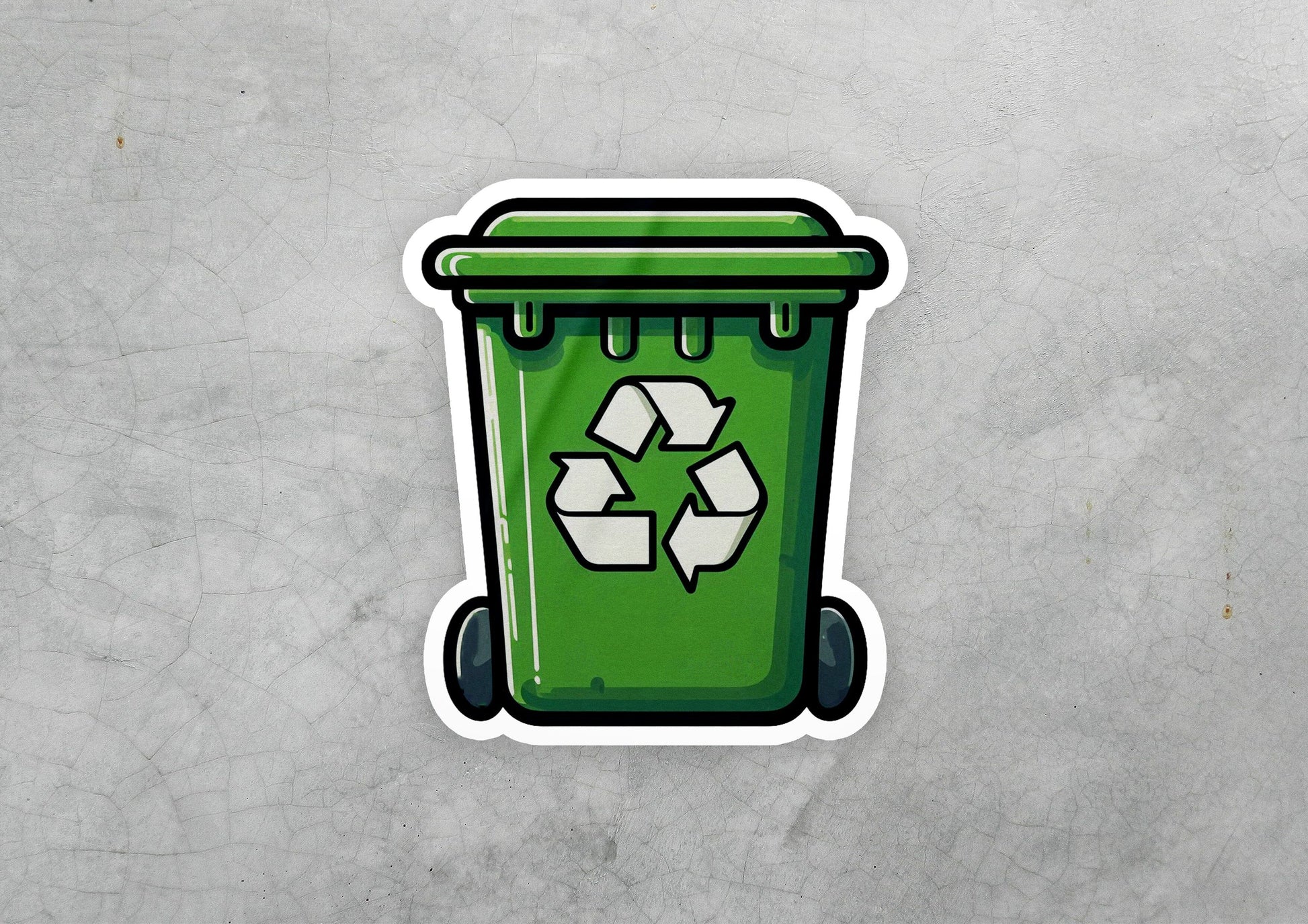 a green trash can with a recycle sticker on it
