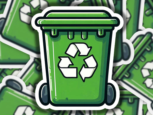a pile of green recyclables with a sticker of a rec