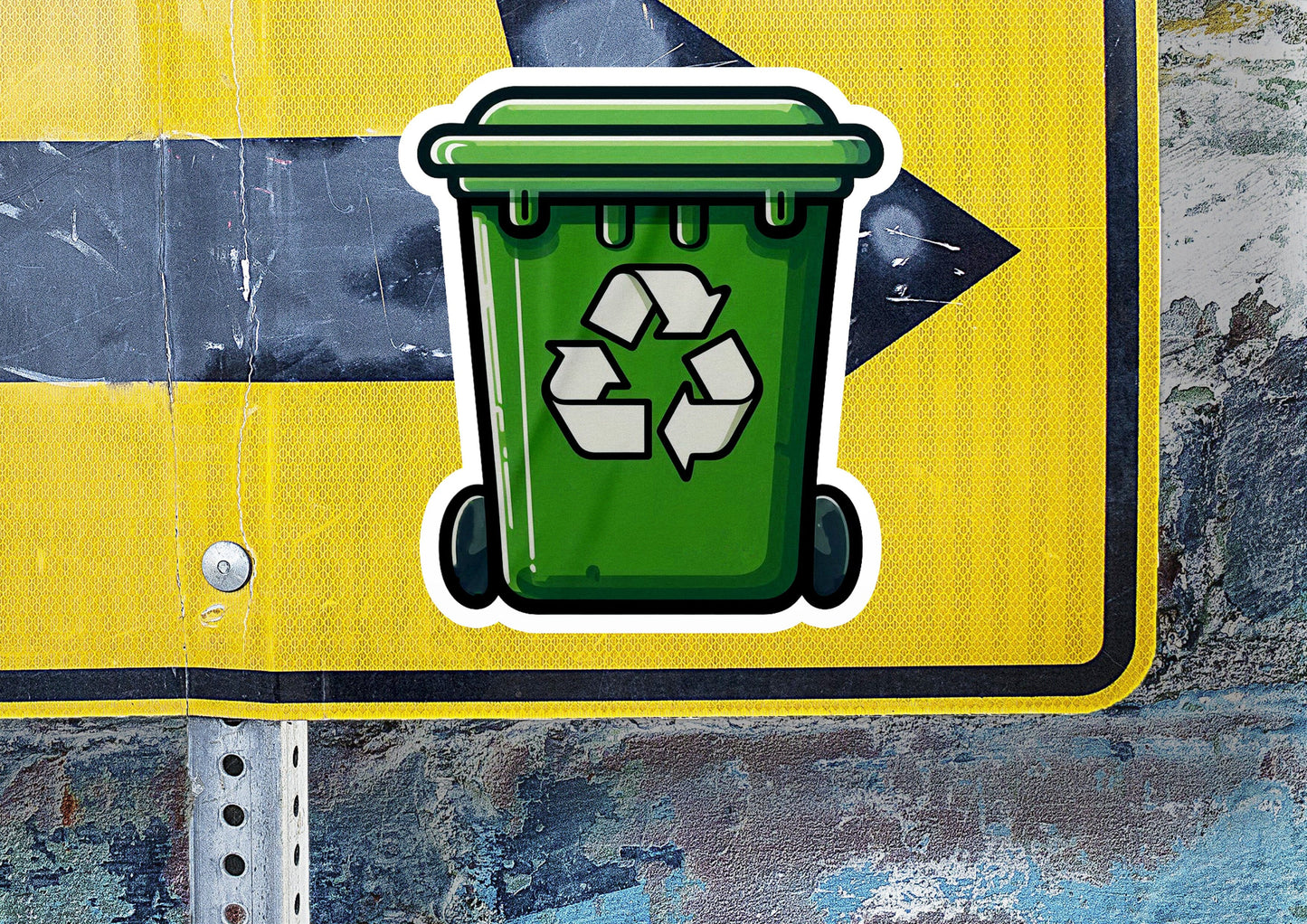 a sticker of a recyclable trash can on a yellow and black