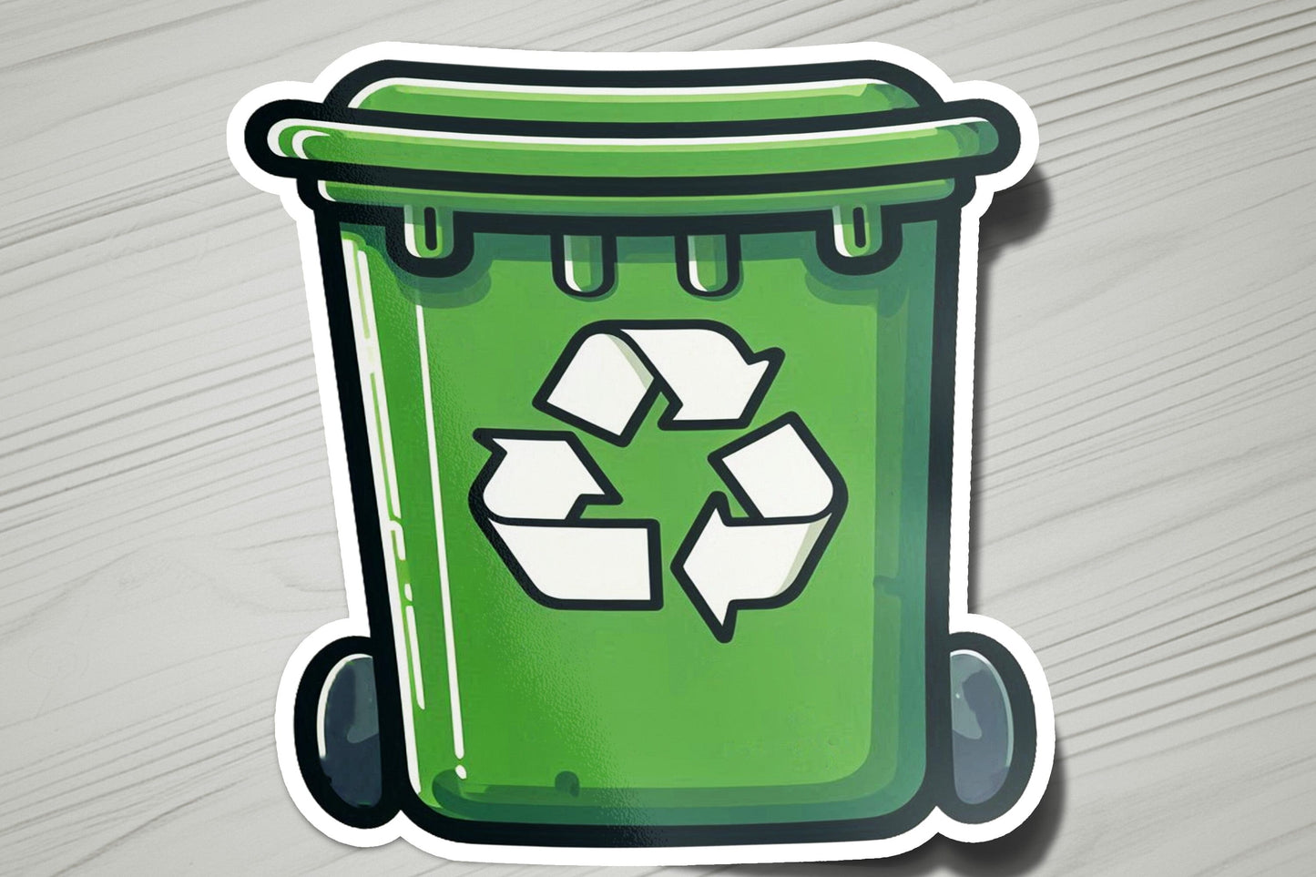 a sticker of a green recyclable trash can