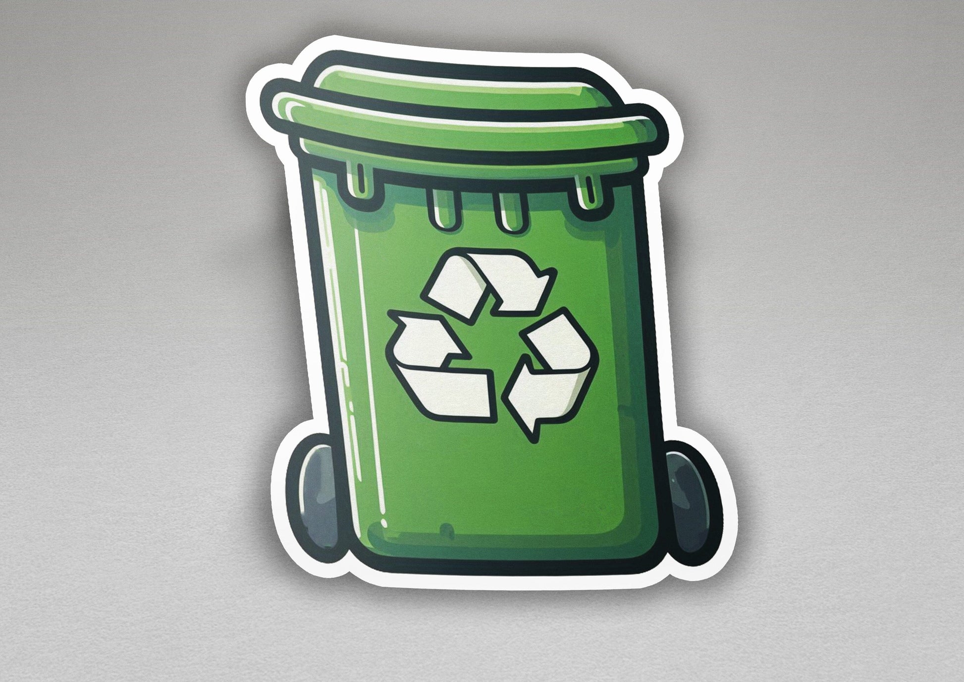 a green trash can with a recycle sticker on it