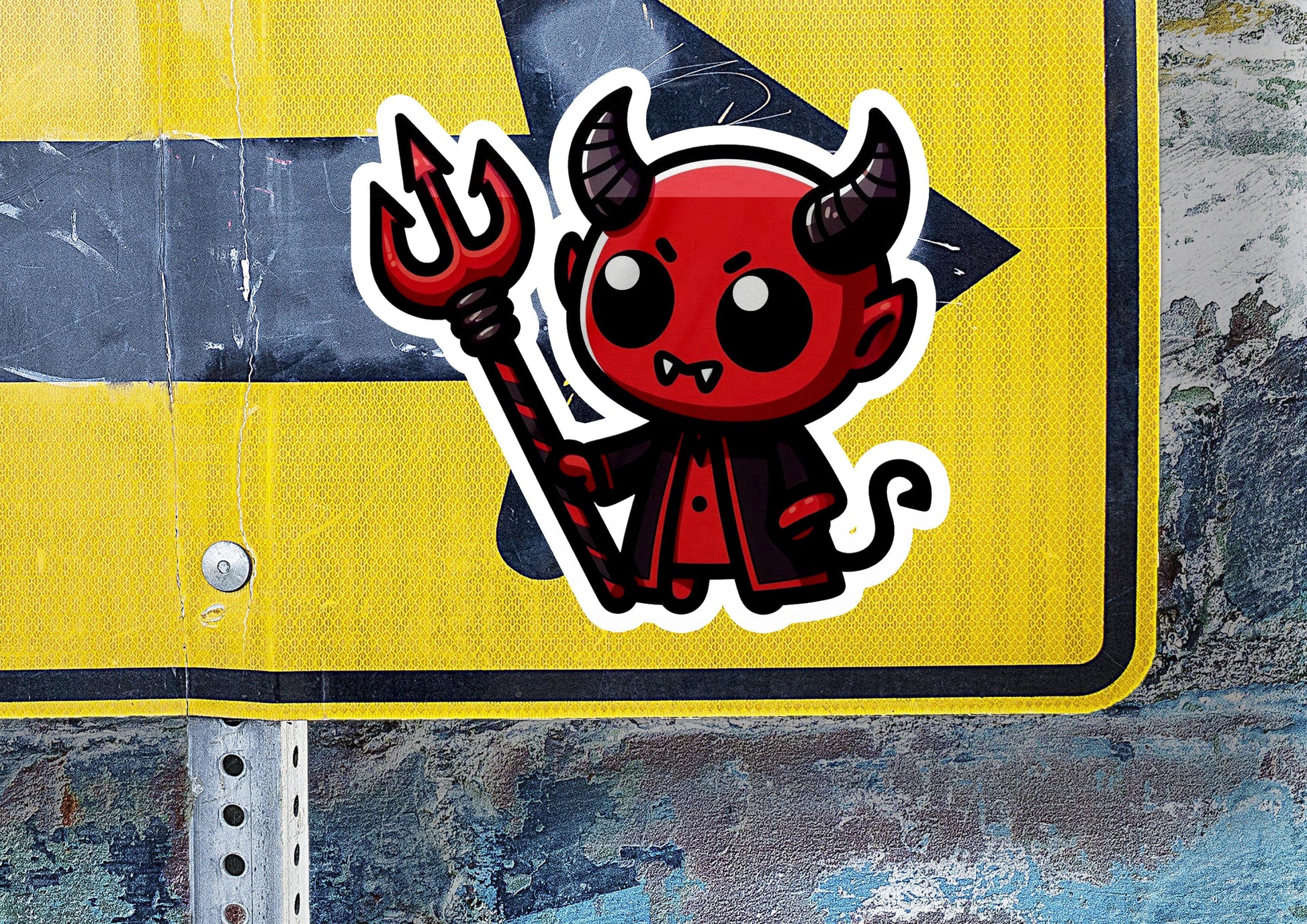 a street sign with a devil sticker on it