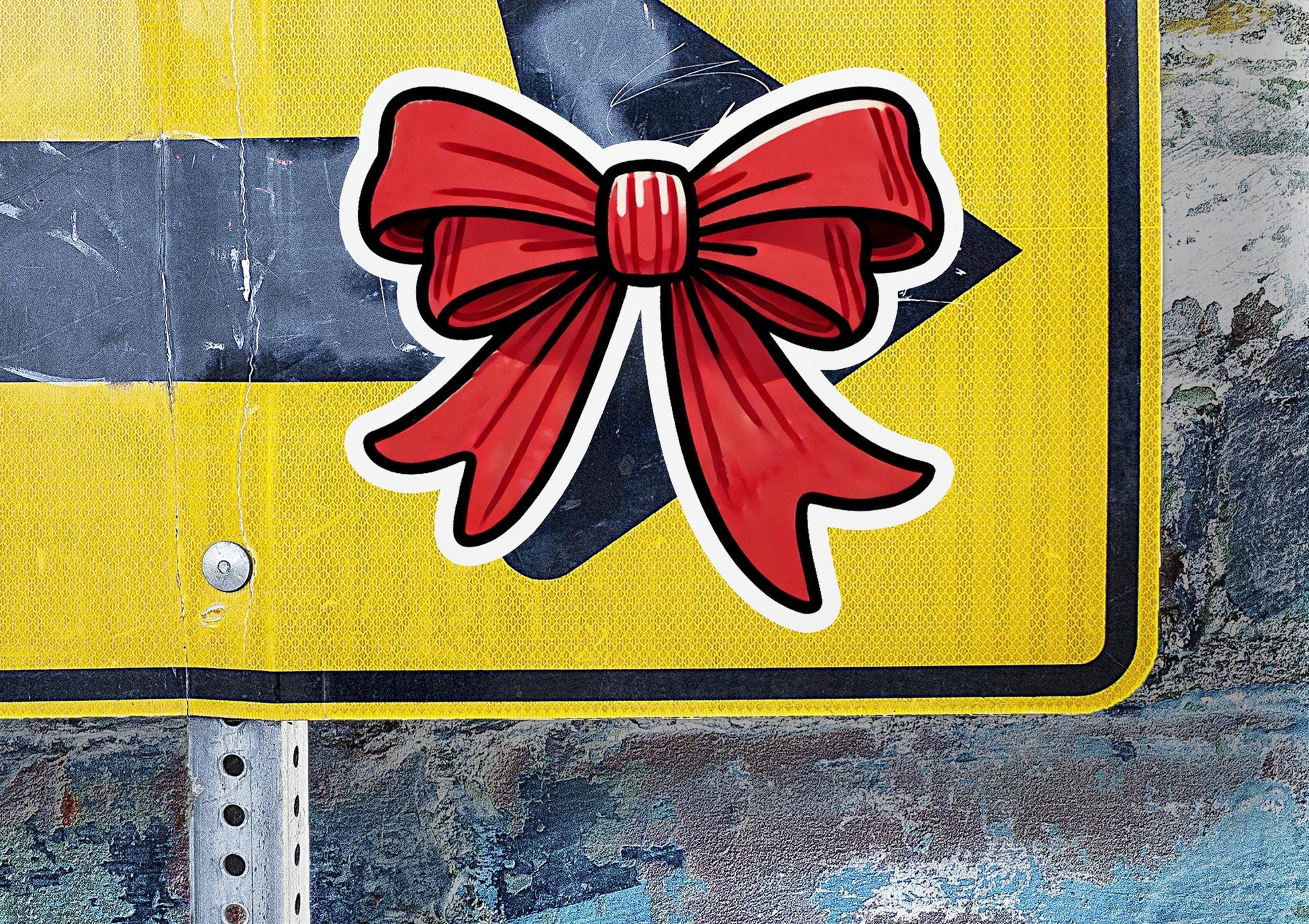 a street sign with a red bow on it